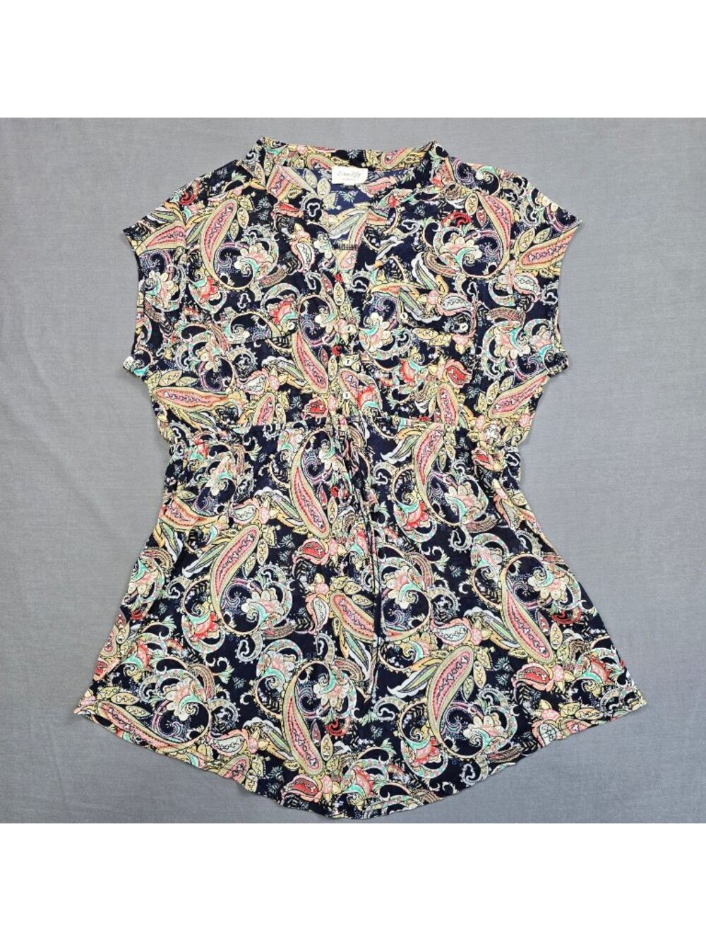 Siren Lily Maternity XL Paisley Print Short Sleeve Blouse Sheer Navy Boho